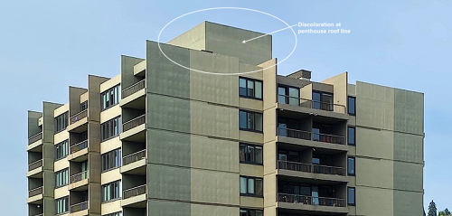 The penthouse at South Tower shows potential problems at the roof line. See detail that follows for location.

[The louver locations do not appear in this photo, due to the low angle.]